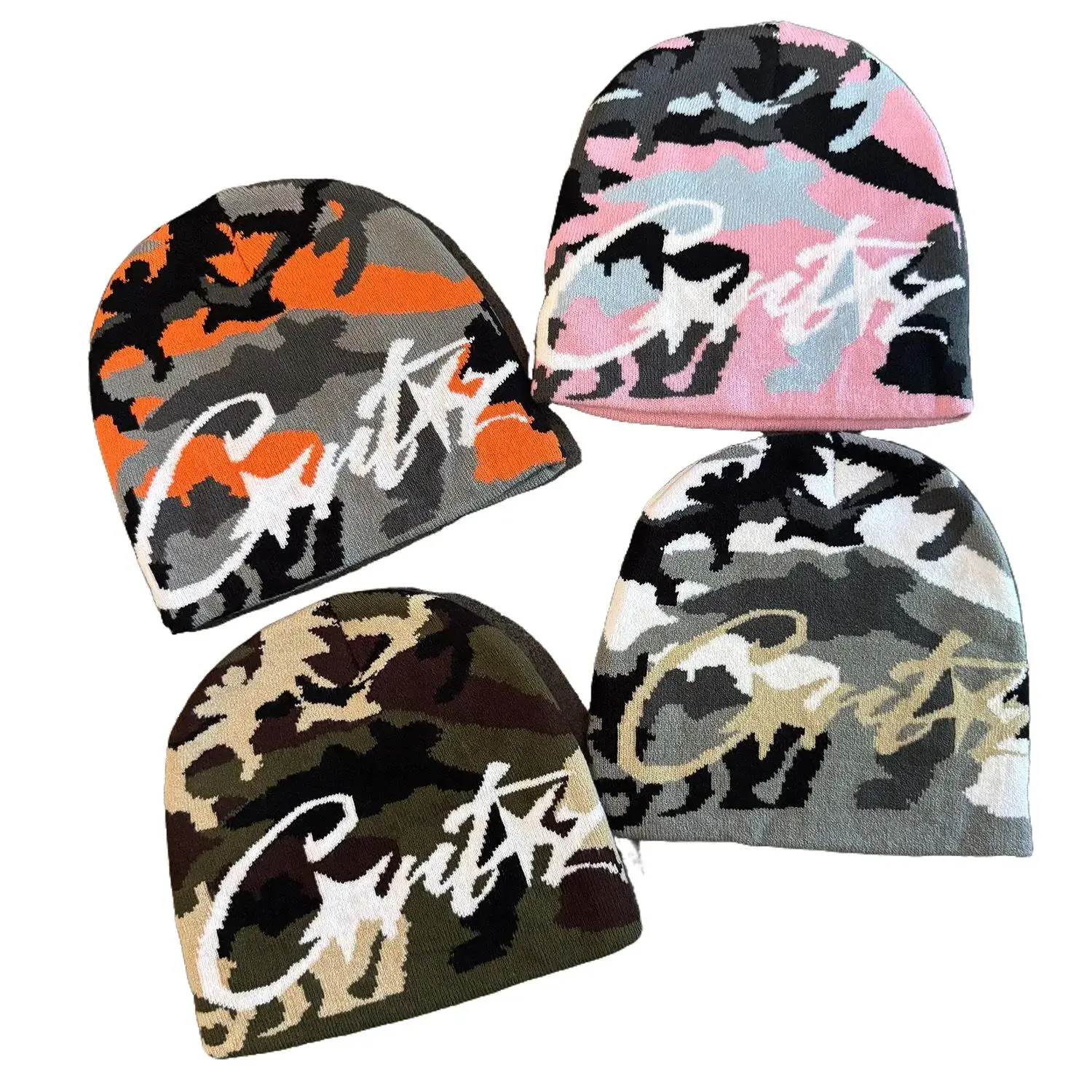 Unisex American Retro Letter Camo Beanie - Acrylic Knit Cap Hat, Thermal Insulating Streetwear Pullover, Vintage Embroidered Camo Skull Hat for Autumn Winter Cold Weather, Camo Skull Hats
