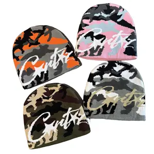 Unisex American Retro Letter Camouflage Knitted Wool Beanie - Trendy Hat, Statement Cap, Vintage Embroidered Cap, Streetwear Warm Pullover Hats for Autumn and Winter Cold Weather