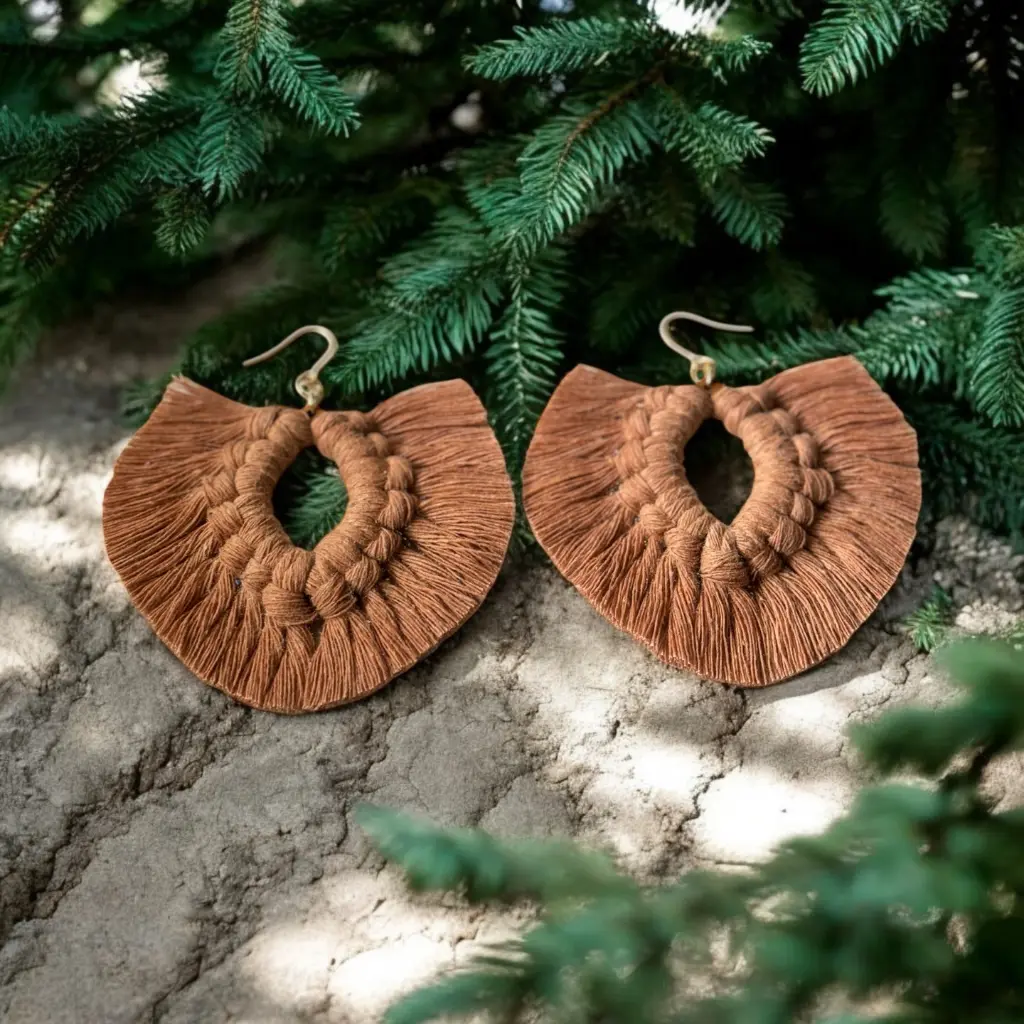 Handmade Macramé Earrings "Suede Brown" with Round Design and Textured Finish