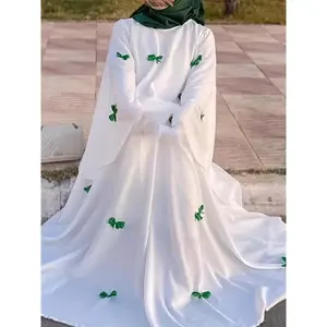 Elegant white abaya with bell sleeves & butterfly bow detail-maxi kaftan dress for women, polyester, spring/fall wear, full-length robe style
