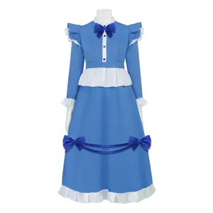Poppy Blue Maid Style Dress Cosplay Costume Set with Bow Tie Cummerbund Jewelry Headwear for Comic Con