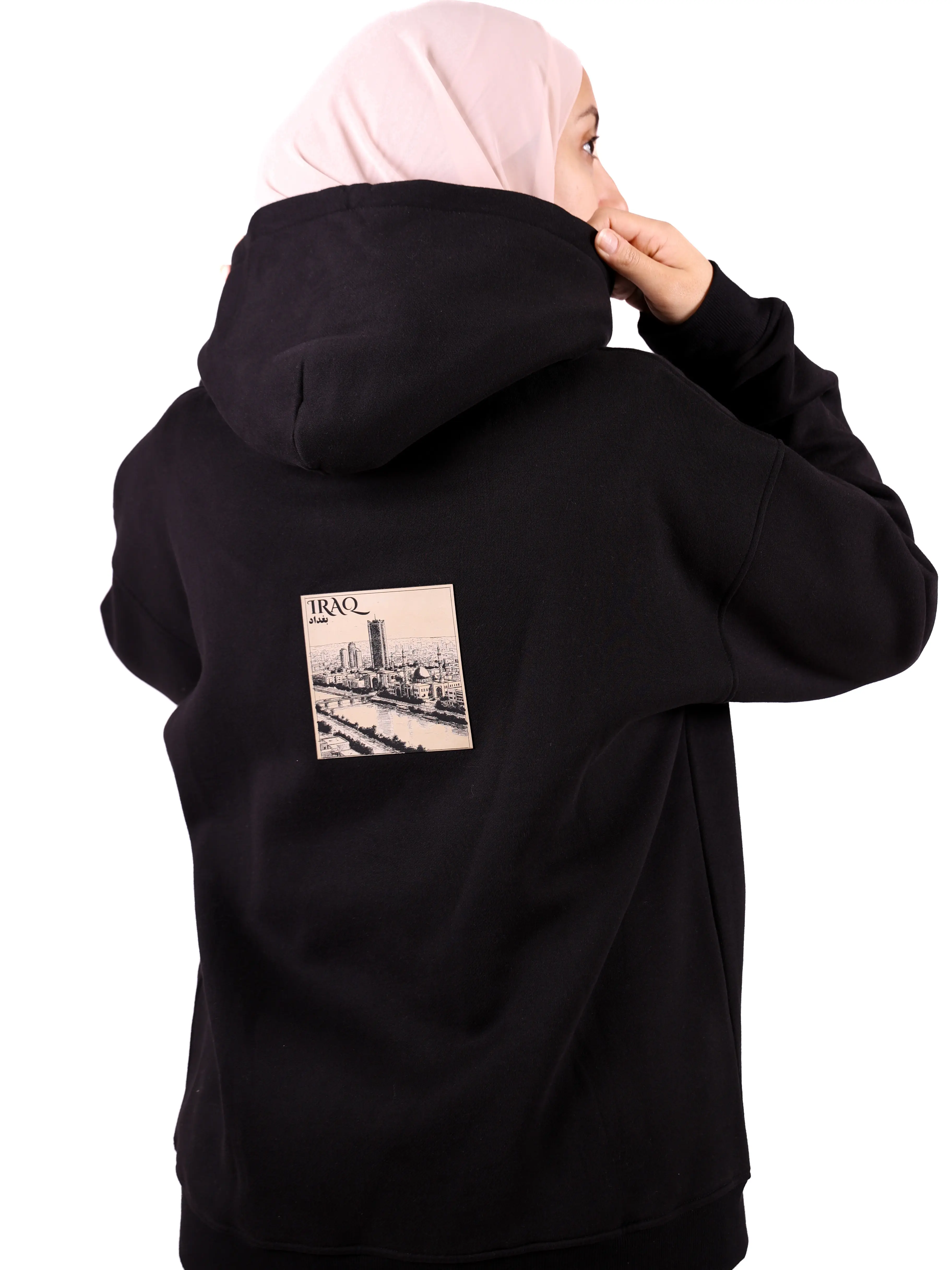 Iraq Hoodie - Casual Unisex Oversized Fit Heavyweight 100% Cotton - city of Baghdad in the back and the Map of Iraq in the front Patches Breathable Pullover Sweatshirts