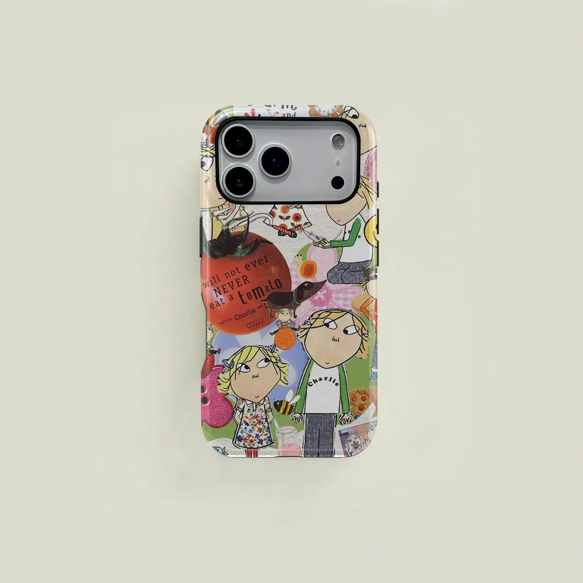 1 pc Charlie and Lola cartoon character tomato pattern 2-in-1 double-layer smartphone protective case, Casing, Cover, suitable for iPhone 11-17 Pro Max/Plus, Samsung Galaxy S23-S25 Ultra series protective case