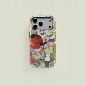 1 pc Charlie and Lola cartoon character tomato pattern 2-in-1 double-layer protective case, Casing, suitable for iPhone 11-17 Pro Max/Plus, Samsung Galaxy S23-S25 Ultra series protective case