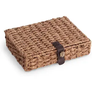 Decorative Box with Lid, Wicker Storage Basket, Water Hyacinth Woven Decorative box for Shelf, Coffee Table, Console Table,  Decor (Large)
