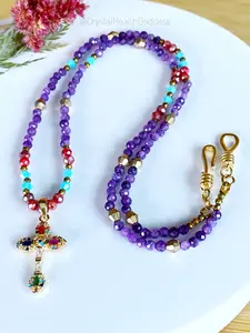 Purple Chalcedony with Austrian Crystals Christian Cross Necklace