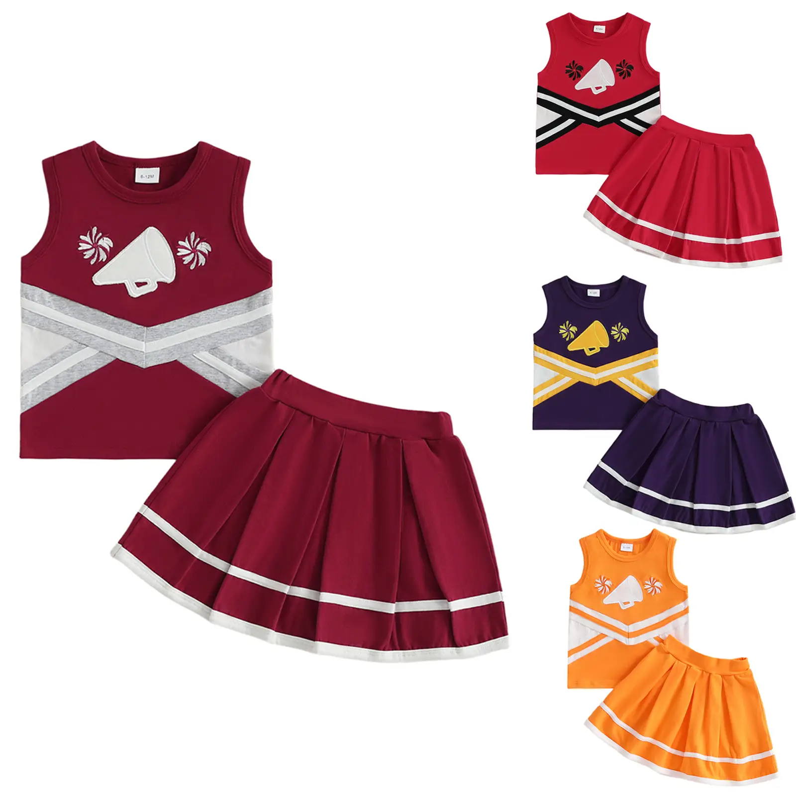 Toddler Baby Girl Cheerleader Outfit Shirt Tops Elastic Waist Pleated Skirt Set Cheer Uniform Outfit Halloween Cheerleading Clothes