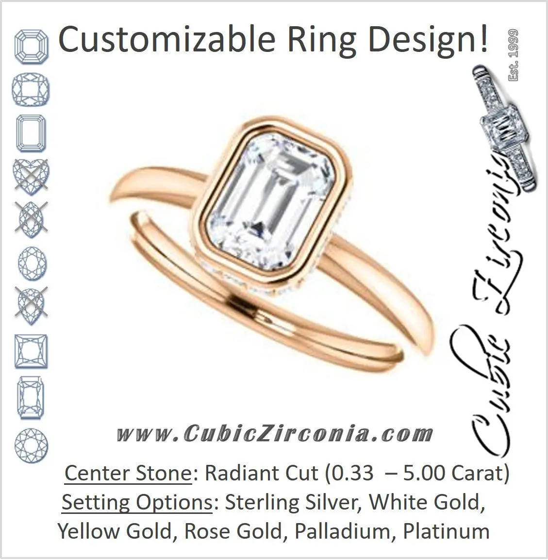 Cubic Zirconia Engagement Ring- The Zakiya (Customizable Bezel-set Radiant Cut Design with Filigree Fleur-de-Lis Trellis & Under-Halo Accents)
