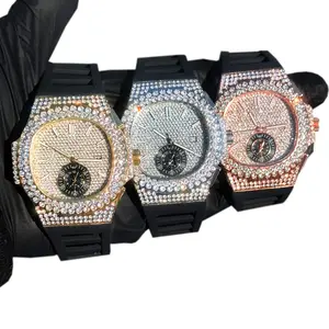 Men's Watch Silicone Band Diamond Iced Oblong Bezel Quartz Movement Luxury, Gift Box Included