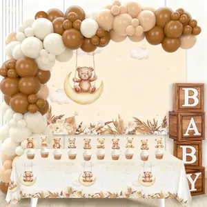 Baby Shower Party Decorations Set - Boho Theme Gender Reveal Supplies with Backdrop, Cake Topper, Tablecloth - We Can Bearly Wait Design - Reusable Baby Boxes and Balloons for Decoration