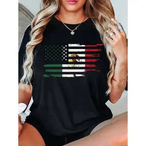 Summer t Shirts Mexican Striped Flag Print Crewneck T-Shirt, Spring & Summer Short-Sleeved T-Shirt, Sportswear Everyday Top, Women'S Wear
