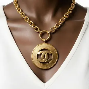 Pre-owned CHANEL Vintage Large Cocomark 2 inch by 2 inch Pendant 24k Gold Plated 35 inch Chain Necklace