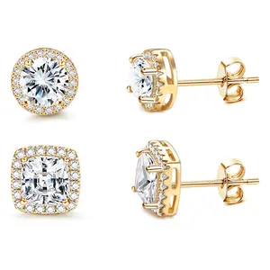 14K Gold Plated Stud Earrings for Men Cubic Zirconia Earrings Round Square Stud Earrings Set for Women Men