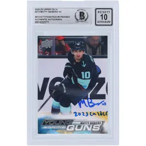 Matty Beniers Seattle Kraken Autographed 2022-23 Upper Deck Series 1 Young Guns #213 Beckett Fanatics Witnessed Authenticated 10 Rookie Card with "2023 Calder" Inscription - Fanatics Authentic Certified