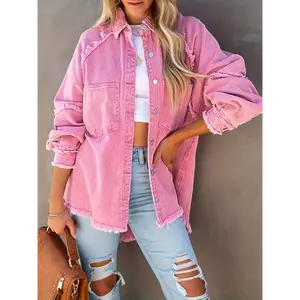 Women's Plus Size Denim Jacket - Washed Pink Lapel Collar, Straight Insert Pockets, Frayed Hem & Button Placket, Loose Fit Casual Streetwear, Machine Washable for Spring & Autumn