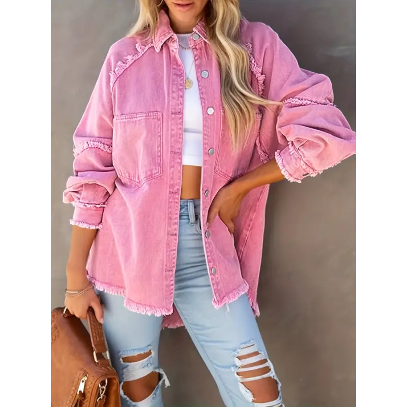 Women's Plus Size Denim Jacket - Washed Pink Lapel Collar, Straight Insert Pockets, Frayed Hem & Button Placket, Loose Fit Casual Streetwear, Machine Washable for Spring & Autumn
