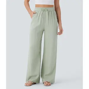 2026 High Waist Drawstring Side Bag Wide Leg Casual Linen Pants Wide Leg Pants Elegant Wide Leg Beach Pants Elastic High Waist Belt Pocket Wide Leg Casual Linen Casual Pants Workout
