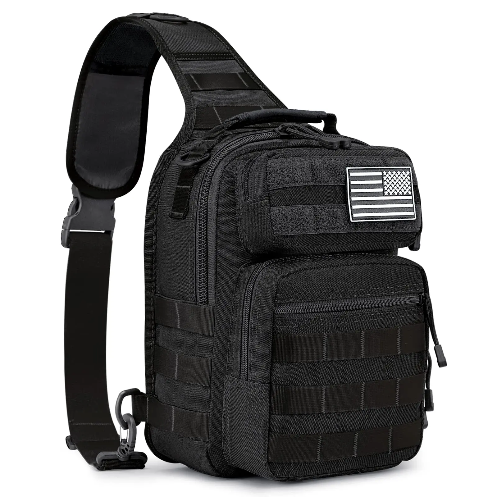Compact Tactical Sling Bag for Men, Rover Shoulder Daypack with Molle System for Hiking and Travel, Flag Patch