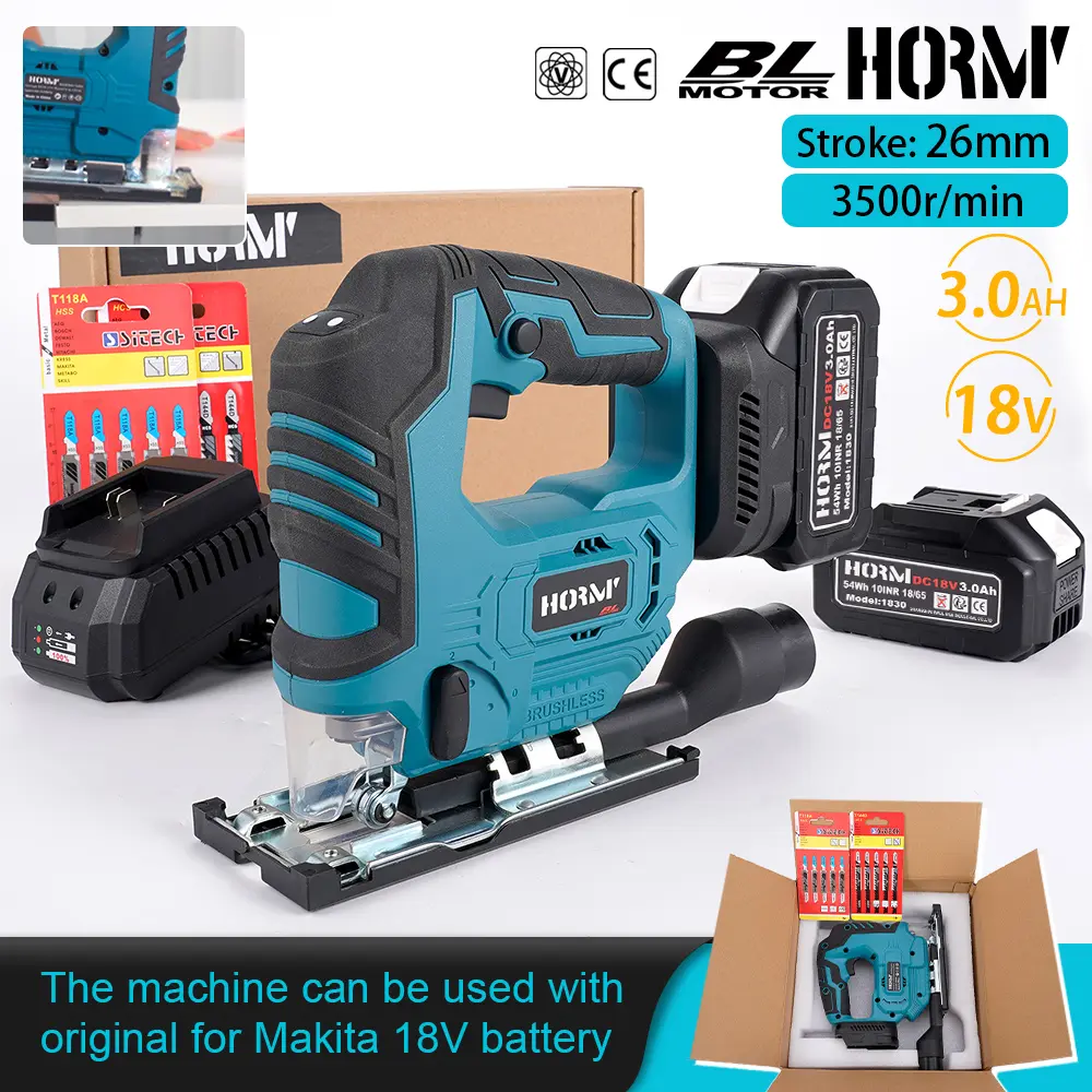 Hormy Brushless Electric Curved Saw Cordless Jig Saw Portable Multi-Function Carpenter Power Tool With 2pcs Makita 18V Lithium Battery