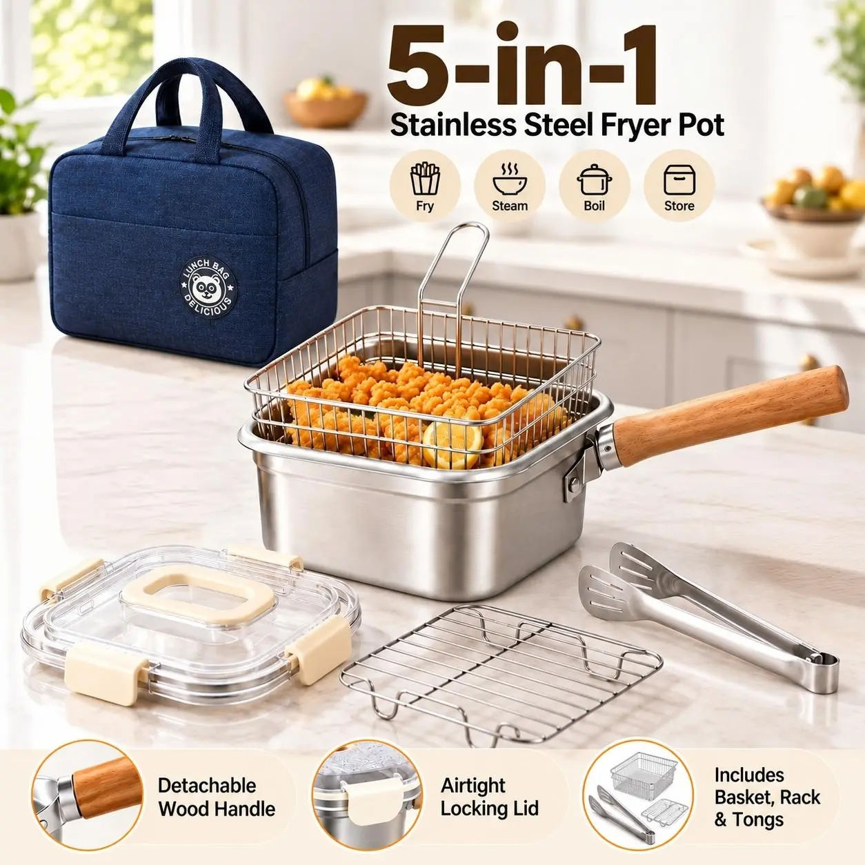 5-Piece Solid Metal Square Stainless Steel Deep Fryer Pot Set with Detachable Wood Handle, Includes Attachments: Fry Basket, Steam Rack, Locking Lid, Tongs, Multi-Use Cookware for Home Kitchen, Camping