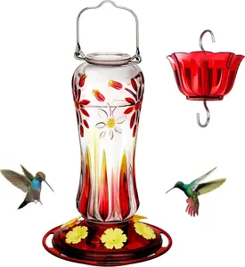 Kingsyard Hummingbird Feeder for Outdoors Hanging, 25 Ounces, Glass Humming Bird Nectar Feeder with Ant Moat & 6 Feeding Ports, Leak Proof, Red Kingsyard