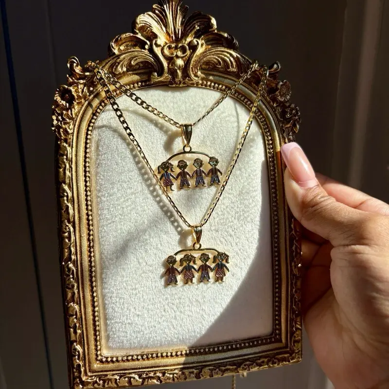 Family Necklace - Gold-Toned Pendant with Engraved Family Design