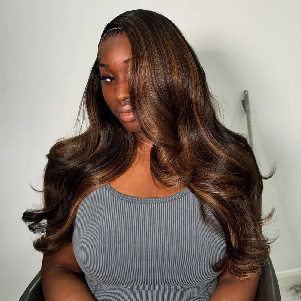 Highlights Brown Colored Stripe Hairstyle 13X4 HD Lace Front Wig Human Hair Wigs For Women Transparent Thin Lace 200% Density Glueless Lace Frontal Wigs, Heat Resistant, Highlighted Stripes