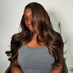Highlights Brown Colored Stripe Hairstyle 13X4 HD Lace Front Wig Human Hair Wigs For Women Transparent Thin Lace 200% Density Glueless Lace Frontal Wigs