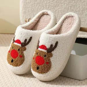 Slippers for Women Cute Reindeer Antlers House Slippers Funny Christmas Deer Horn Ear Indoor Home Shoes Plush Fuzzy Warm Bedroom Slippers Flat Footwear Slide Soft Girl Flipflop
