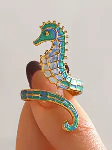 Hand Painted Enamel Seahorse Ring, Gold Plated Adjustable Marine Life Statement Ring, Unique Gift for Sea Lovers