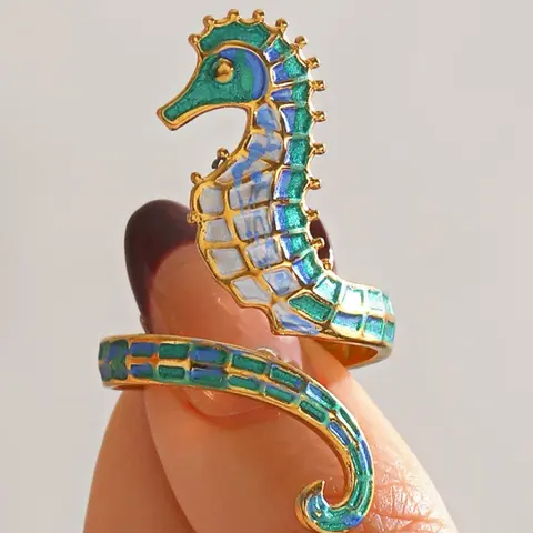 Hand Painted Enamel Seahorse, Gold Plated Adjustable Marine Life Statement Ring, Unique Gift for Sea Lovers, Fashion Statement Jewelry, Fashion Rings