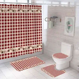 4PCS Burgundy Buffalo Plaid Shower Curtain Sets with Rugs, Waterproof Fabric Beige Shower Curtain, Checkered Red Berry Pine Cone Garland Primitive Star Country Rustic Farmhouse Bathroom Decor