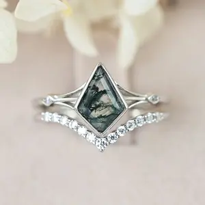 Kite Cut Moss Agate Engagement Ring & Wedding Band Bridal Ring Set Sterling Silver Size 4-9 S14273
