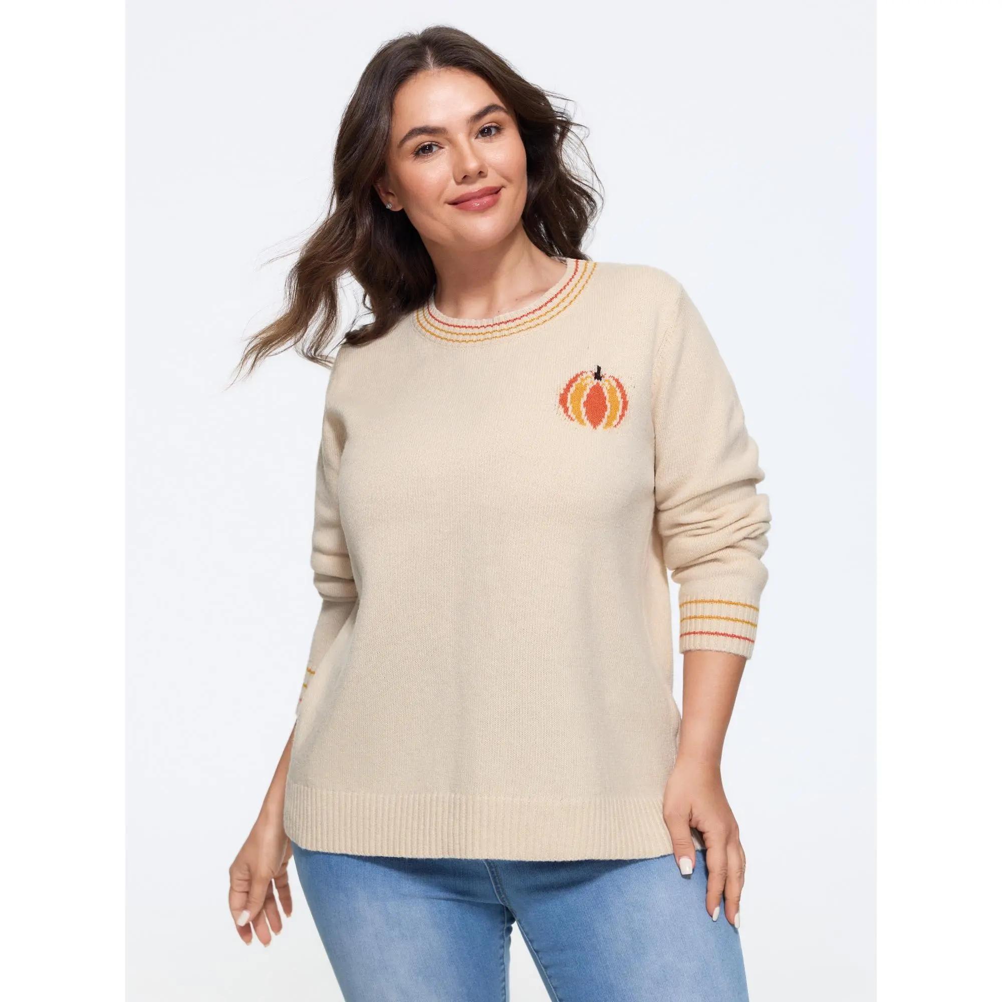 BloomChic Plus Size Pumpkin Jacquard Pattern Crew Neck Pullover[M-6X] Back To School,Spotlight Day