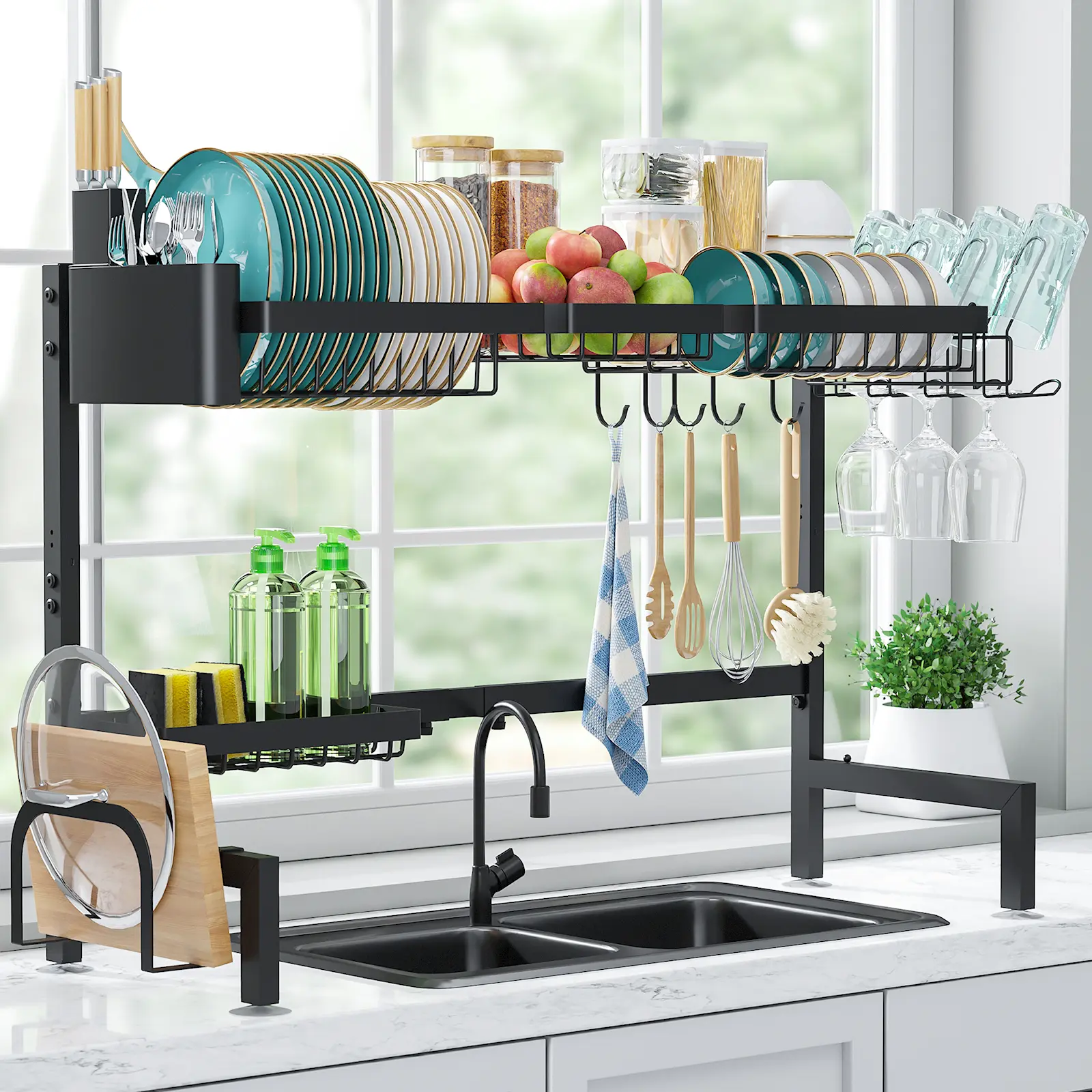 Sakugi Over the Sink Dish Drying Rack, 3-Tier Black Metal Organiser with Utensil Holder, Expandable Length 32"-39", Adjustable Sink Side Stackable Versatile Draining Boards for Kitchen Countertop Storage