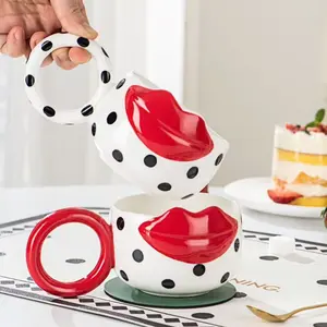 Nordic Lip Ceramic Cup, High-Quality Ring Polka Dot Mug, Home Office Coffee Cup, Valentine's Day Gift, Modern Style