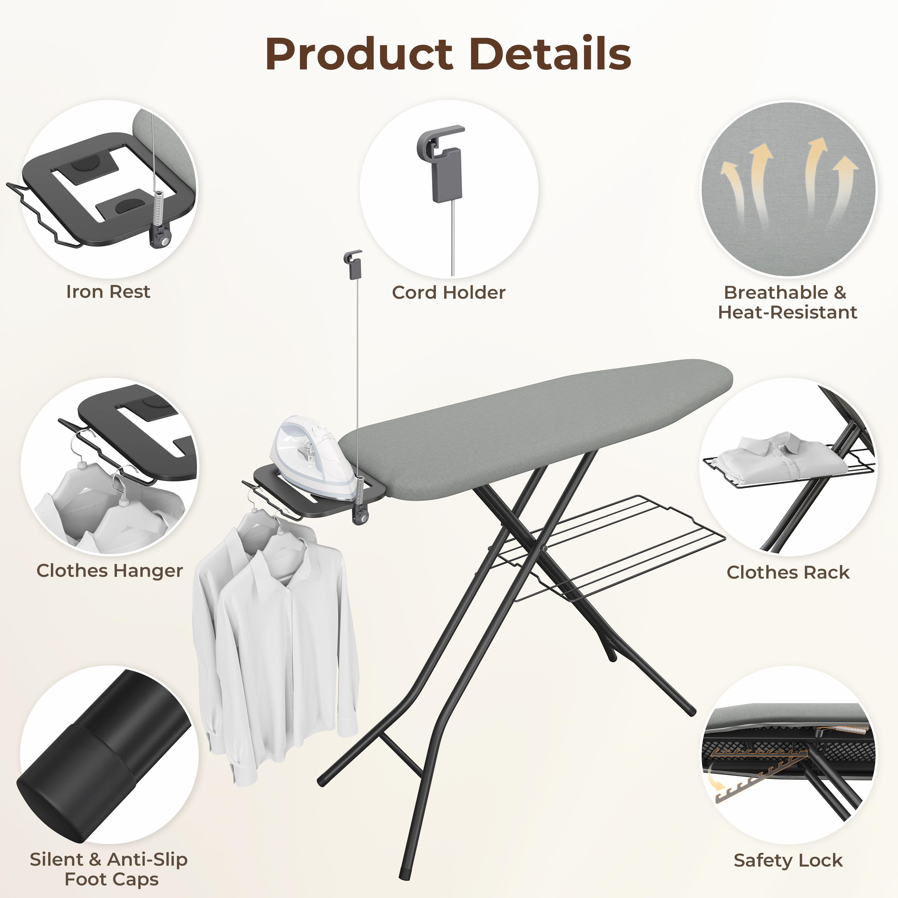 Costoffs Full Size Ironing Board with Clothes Rack Foldable & Height-adjustable Iron Table with Cord Holder/4 Legs/4-layer Pad for Laundry/Living Room/Dormitory, Beige/Gray