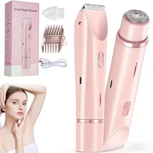 2-in-1 Bikini Trimmer for Women, Bikini Shaver with Dual Heads, Body and Facial Hair Removal, Rechargeable Cordless Electric Razors for Painless Trimming of Pubic Hair, Face, Underarms and Legs