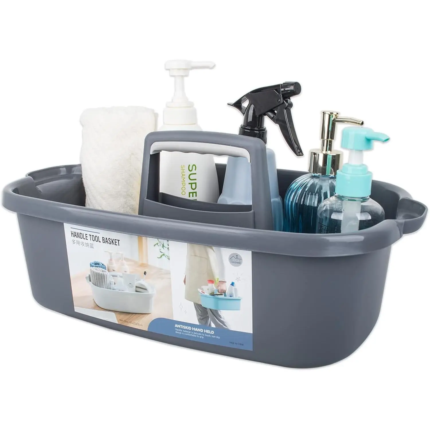 P-SBB026  Large Cleaning Supplies Caddy Portable Shower Basket Supply Organizer with Handle Plastic Bucket Tool Storage for Bathroom, Bedroom, Kitchen, College Dorm, Garden, Dark Gray Gift Laundry