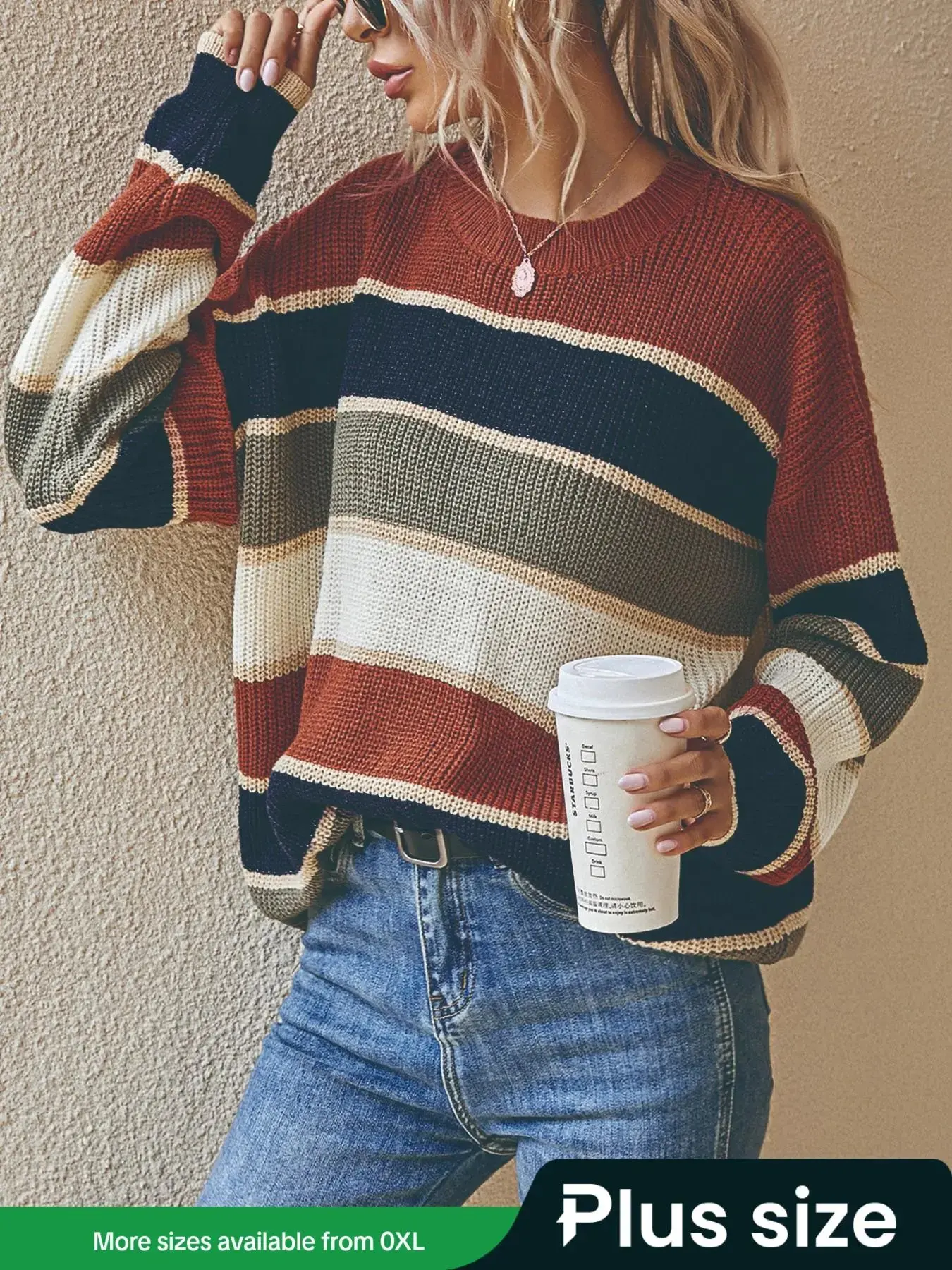 [Plus Size] Patchwork Print Drop Shoulder Knitting Sweater, Casual Long Sleeve Round Neck Jumper, Knitted Top for Fall & Winter, Women's Clothing for Daily Wear, Casual Fashion Knitwear, Knitwear, Womenswear