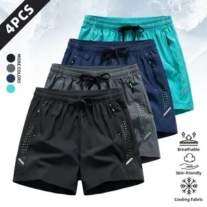 Men's 4-Pack Quick Dry Athletic Shorts, Summer Outfits Hollow-Out Breathable Plain Casual Active Shorts with Zipper Pockets & Drawstring, Reflective Strip Detail, Suitable for Running, Jogging, Workout Training & Outdoor Sports Big & Tall Menswear outdoor