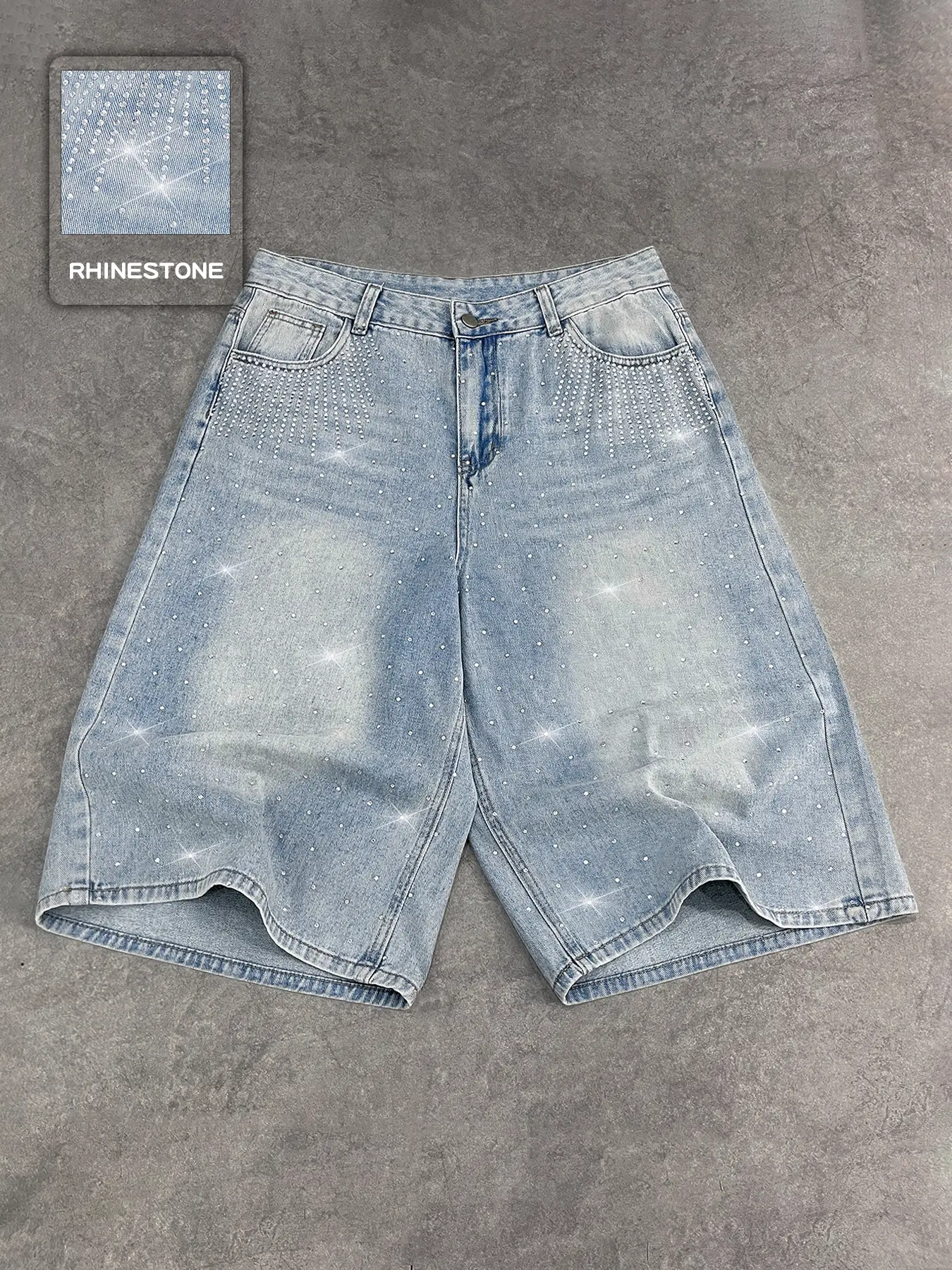 Neutral Rhinestone Casual Denim Shorts, High Waist Five-Quarter Jeans, American Street Style Streetwear, Fashion Daily Wear, Chic Casual Shorts, Loose Fit, Bling, Bottom, Button