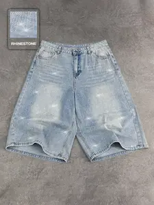 Neutral Rhinestone Casual Denim Shorts, High Waist Five-Quarter Jeans, American Street Style Streetwear, Fashion Daily Wear, Loose Fit, Bling, Bottom, Button