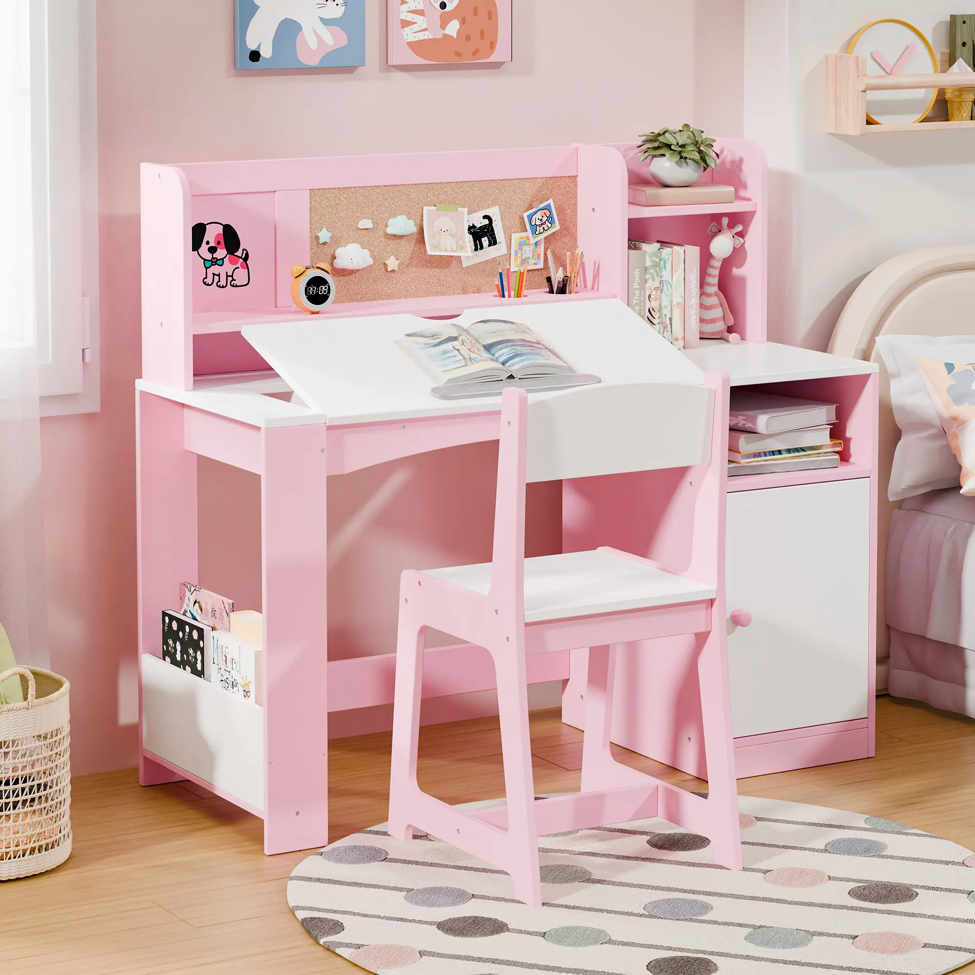 Kids Study Desk with Chair and Tiltable Desktop, Kids Study Desk and Chair Set with Hutch & Storage Cabinet, Wooden Children Study Table for 5-12 Years Old, Student Writing Desk for Bedroom, Pink