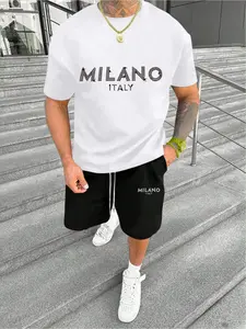 Men's Summer Fashion Casual Wear Short Sleeve Shorts American Street Style Set Printed with Personalized "MILANO" Print Pattern Summer Personalized Two Piece Set