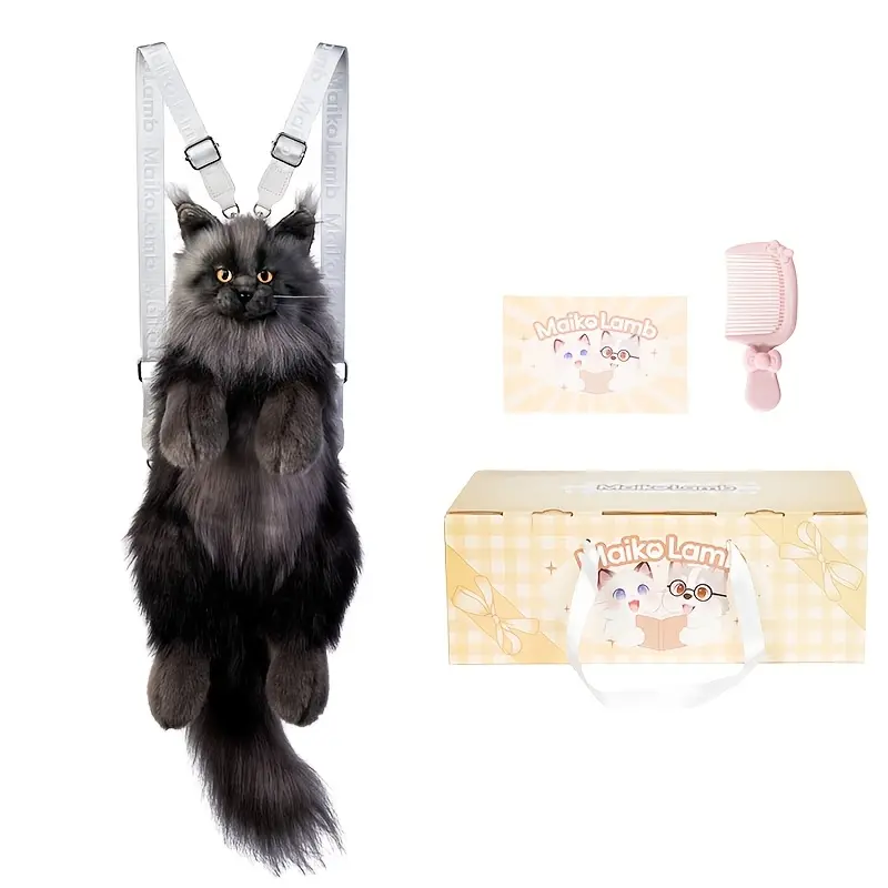 Women's Realistic Black Maine Coon Cat Backpack - Fluffy Plush Look Cute Animal Shoulder Bag, Ideal Gift for Cat Lovers