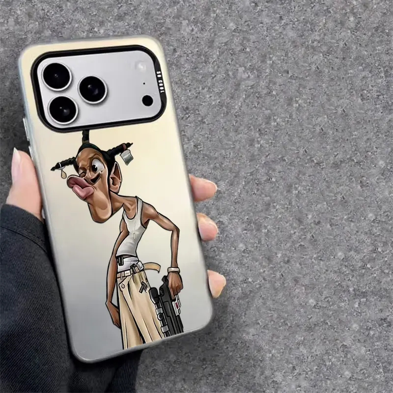 Minimalist Playful Cartoon Character with a Gun Phone Case, featuring a raised camera frame for protection and a TPU anti-slip, anti-drop protective shell. It is compatible with Apple iPhone 17 Air, 16, 15, 14, 13, 12, 11, 17 Pro Max, Dropresistant