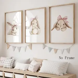 3pcs Cartoon Children's Pink Bow Rabbit Mural Canvas Frameless Hanging Painting Living Room Bedroom Home Decoration Poster Picture