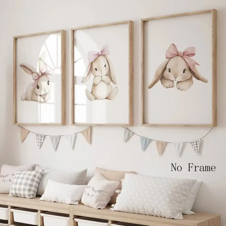 3pcs Cartoon Children's Pink Bow Rabbit Mural Canvas Frameless Hanging Painting Living Room Bedroom Home Decoration Home Decor Products Unframed Art Print Poster Picture