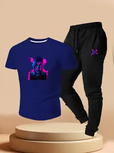Cyberpunk Neon Gold Khione League of Legends Print, Casual Short Sleeve T-Shirt + Jogger Pants Set, Summer Gamer Style